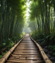  Long shot of a winding bamboo walkway through the dense forest, atmosphere, outdoor, environment