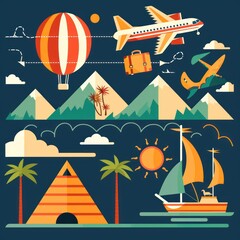 Wall Mural - Travel icons plane, hot air balloon, sailboat, pyramid, mountains, palm trees.