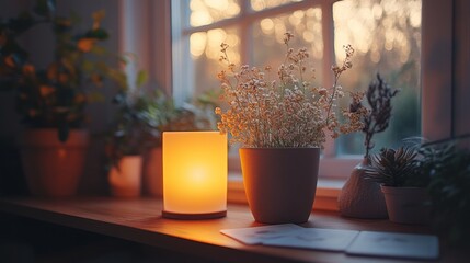Aufkleber - A soft candlelight radiates warmth next to delicate dried flowers in a pot, while sunlight filters through a window, creating a serene atmosphere.