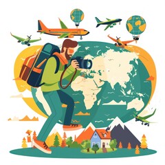 Wall Mural - A photographer with backpack taking pictures, surrounded by airplanes and hot air balloons over a world map.