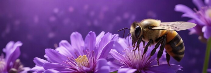 Wall Mural - A happy bee sits on a beautiful purple flower with delicate petals and a rich purple background, petal, foliage, garden