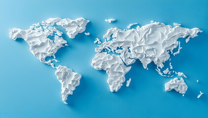 Poster - 3D world map on a blue background, with a simple white outline shape of the Earth and continents, in a minimalistic design with no shadows