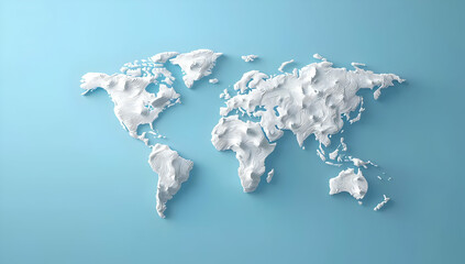 Poster - 3D world map on a blue background, with a simple white outline shape of the Earth and continents, in a minimalistic design with no shadows