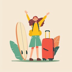 Wall Mural - Happy woman ready for a surf trip, arms raised, surfboard and luggage.