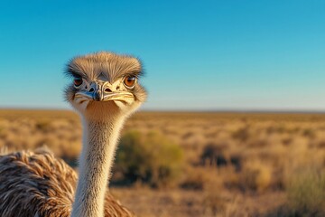 A large ostrich is standing in a field with a blue sky in the background. The ostrich has its head up and is looking directly at the camera. Concept of curiosity and wonder