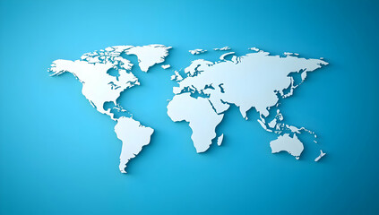 Poster - 3D world map on a blue background, with a simple white outline shape of the Earth and continents, in a minimalistic design with no shadows