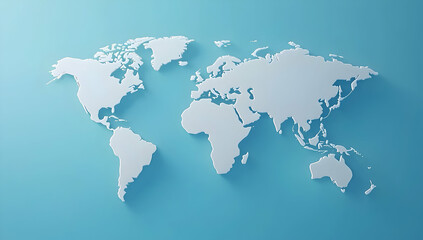 Poster - A simple white world map on a blue background, with a flat design, simple shapes, and a 3D rendering.