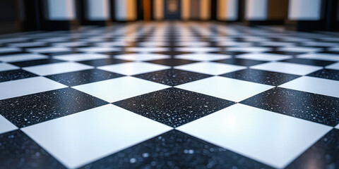 Poster - Black and White Checkered Floor Pattern with Depth in Modern Interior Space
