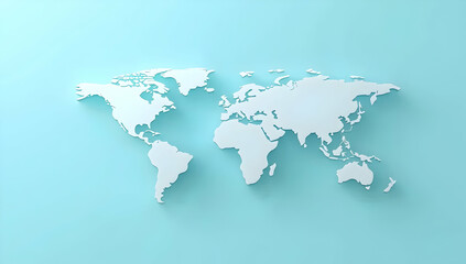 Poster - 3D world map on a blue background, with a simple white outline shape of the Earth and continents, in a minimalistic design with no shadows