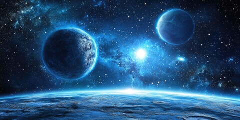 Wall Mural - Vivid Azure Glow: Cosmic Stars and Planets in an Abstract 3D Illustration of Space