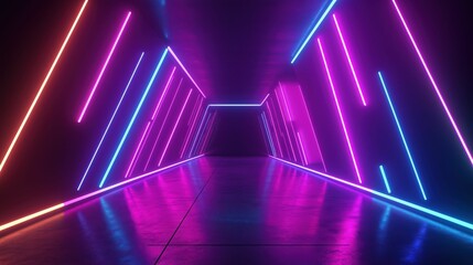 Wall Mural - Neon glowing white lights futuristic background. vibrant colors shining line in empty dark tunnel