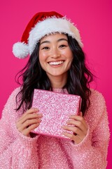 woman with christmas gift in hands in santa claus hat portrait smile