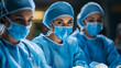© sommersby - Medical professionals wear blue scrubs and masks, focused on a surgical procedure in a well-equipped operating room with bright lighting