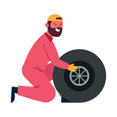 Canvas Print - mechanic man holding tire car