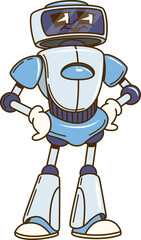 Leinwandbilder - Cartoon groovy robot character stands confidently with hands on hips and playful expression. Isolated vector blue futuristic humanoid figure, robotics droid machine retro personage embodies technology