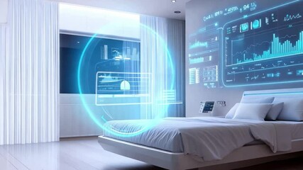 Poster - High-tech bedroom with dynamic holographic displays creates futuristic atmosphere
