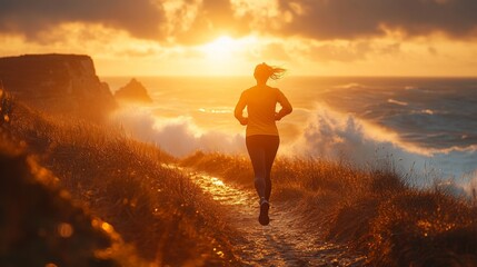 Poster - A person jogs along a coastal path, surrounded by tall grass, as the sun sets, casting orange hues over the ocean waves and cliffs. The atmosphere is peaceful yet invigorating.