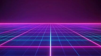 Fototapete - Retro futuristic grid landscape with vibrant pink and blue neon lines on dark background.