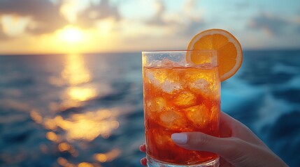 Poster - A hand holds a glass filled with ice and a vibrant cocktail, complemented by a wedge of orange, as the sun sets over the horizon, casting warm light over the calm water.