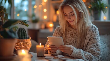 Aufkleber - A young woman sits comfortably at home, absorbed in her tablet while soft candlelight and warm fairy lights create a cozy atmosphere filled with greenery.