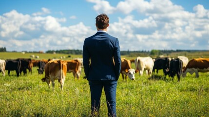 Poster - In a serene countryside setting, a young man in a sharply tailored suit surveys a herd of cows while lush green fields stretch into the horizon