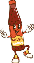 Poster - Cartoon groovy salsa sauce bottle character with expressive eyes, wearing sneakers, and giving a playful double peace sign gesture. Isolated vector food dressing retro personage with a fun expression