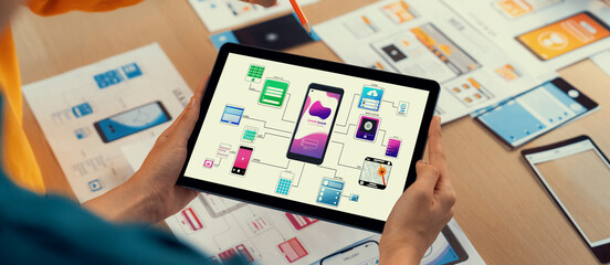 Poster - panorama banner of startup ux developer or company employee design user interface or ui prototype fo