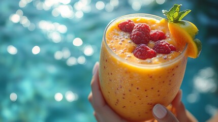 Aufkleber - A person holds a vibrant smoothie filled with raspberries and orange slices, showcasing refreshing colors and textures beside a sparkling pool on a sunny day.