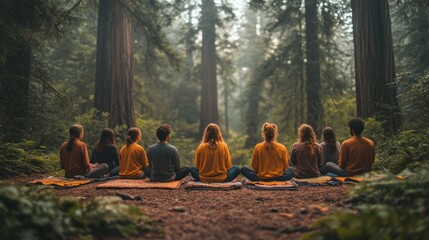 Aufkleber - Participants sit peacefully on mats in a tranquil forest, engaged in meditation amid colossal trees, with soft sunlight filtering through the leaves.