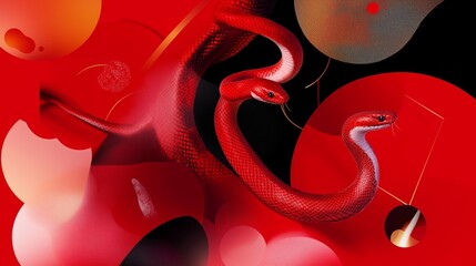Poster - Vibrant red snakes weave through an abstract design showcasing dynamic shapes and colors