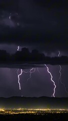 Wall Mural - vertical 9:16 dark storm clouds with multiple lightning strikes flashing in the distance. the sky is