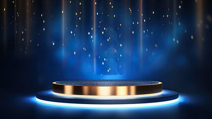 Poster - empty golden product podium, blue background.