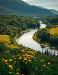 Wall Mural - A beautiful landscape captures a winding river flowing through green hills, surrounded by forested areas and bursting with colorful wildflowers. The serene atmosphere invites exploration