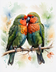 Naklejka na meble Colorful Parrots Share a Tender Moment on a Branch Surrounded by Soft Foliage