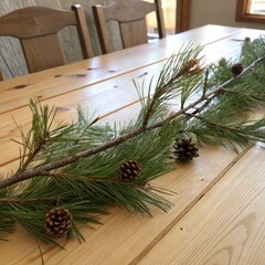 Poster - Natural Pine Branch With Pine Cones Placed on a Wooden Table. Generative AI