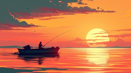Poster - a serene evening on the water with a lone sailor fishing off the side of the boat surrounded by a pi