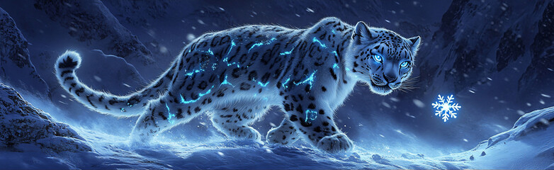 Wall Mural - A snow leopard with glowing snowflake tattoos in icy blue and white, prowling through a snowy mountain range, its glow reflected in the icy ground below. 