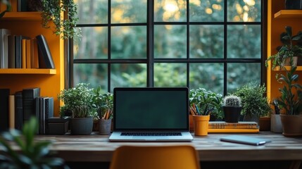 Aufkleber - A neatly arranged workspace features a laptop, various potted plants, and books on shelves under soft morning sunlight filtering through a large window.