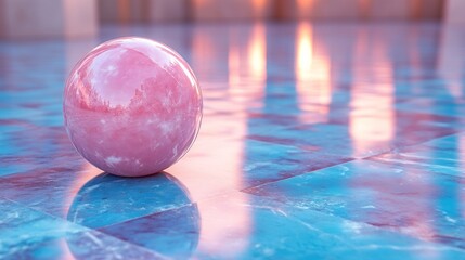 Poster - pink ball rests on glossy blue tiles, capturing reflections from its surroundings. Soft sunset light enhances the vibrant colors in this serene outdoor area