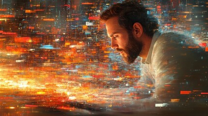 Poster - man with a beard leans forward, deeply engaged with a vibrant digital interface filled with colorful data streams and abstract patterns. atmosphere suggests innovation and creativity