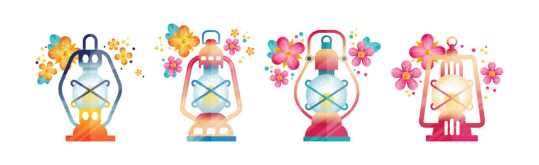 Aufkleber - Bright Lantern and Lamp with Hoop and Floral Element Vector Set