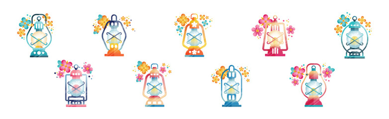 Aufkleber - Bright Lantern and Lamp with Hoop and Floral Element Vector Set