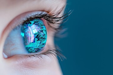 Poster - A woman's eye superimposed with a printed circuit board, symbolizing advancements in stock development or microchip implants.