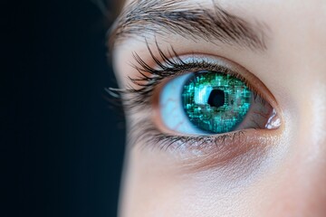Poster - An eye of a female combined with a circuit board image, representing concepts of stock development or microchip implants.