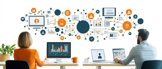 Wall Mural - A modern workspace featuring two individuals using laptops, surrounded by digital icons representing data, analytics, and technology.