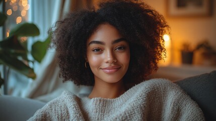Poster - A young woman with curly hair sits on a couch, radiating warmth and contentment. Soft lighting creates a cozy atmosphere in her home during the evening.