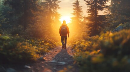Aufkleber - A lone hiker strides along a winding path through a lush forest, surrounded by vibrant trees as the sun sets, casting a warm, golden light.