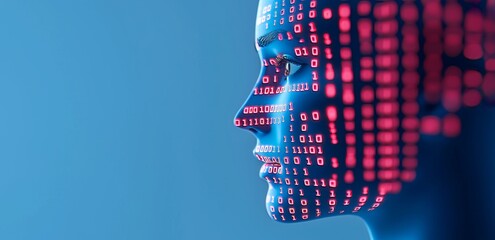 Poster - A human face with a data code displayed in its mouth, set against a blue background, in a technology-themed 3D illustration for stock use.