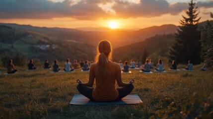 Aufkleber - A group of individuals sits cross-legged on mats, engaging in meditation as the sun sets behind rolling hills, casting warm colors across the sky.