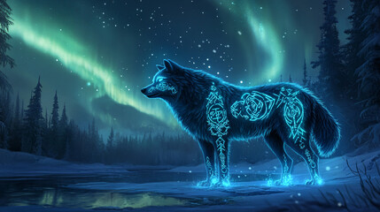 Wall Mural - A wolf covered in bioluminescent Nordic symbols in icy blue and silver, howling beneath the aurora borealis, its glowing form mirrored on the snowy ground. 